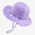 Purple baby sun hat detail showcasing cute daisy print and adjustable chin strap design. - Purple Floral