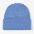 Blue knitted beanie detail, showing soft texture and classic cuffed design for winter warmth. - Sky Blue