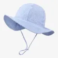 Kids blue white striped sun hat detail showing adjustable chin strap and wide brim design. - Size 46 (3-12 Months) / Blue and White Stripes