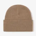 Brown knit beanie close-up detail, cozy winter ribbed cuffed hat texture, warm outdoor headwear. - Khaki
