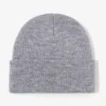 Close-up detail of grey knitted beanie, showing soft wool texture and rolled cuff design. - Size S (3 Months - 1 Year) / Light Heather Grey