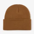 Brown ribbed knit beanie detail shot, soft winter warm woolen cap close up view - Caramel color