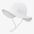 Kids plain sun hat detail view, white wide brim bucket hat for outdoor summer activities. - Size 46 (3-12 Months) / White