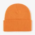 Close-up of bright orange ribbed knit beanie with cuffed brim, winter warm texture detail. - Orange