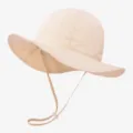 Kids sun hat summer adjustable bucket hat solid color wide brim outdoor beach cap. - Beige