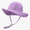 Detailed shot of a purple kids sun hat with adjustable chin strap for outdoor sun protection. - Purple