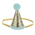 Cappello conico per festa di compleanno per bambini con glitter fascia elastica dettaglio - Bordo Blu Senza Numero / Oro