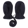 Detailed view of black fleece baby mittens with neck strap for cold winter outdoor warmth. - Navy Blue