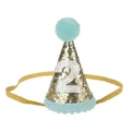 Primo piano della fascia per capelli con cappello a cono glitterato per compleanno bimbi. - Bordo Blu Numero 2 / Oro