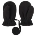 Detailed view of black fleece baby mittens with anti-lost neck strap for autumn winter. - Black