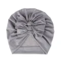 Grey baby turban hat detail showing soft knitted fabric and triple cute bow knots design. - One Size / Light Gray