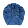 Blue baby turban hat with cute triple bow and soft knitted pleated design for infants. - One Size / Denim Blue
