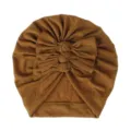 Soft knitted baby turban hat with multi-layered bow pleats, comfortable infant headwear detail. - One Size / Caramel color