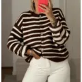 Women brown white striped knit cardigan, casual loose long sleeve button sweater coat. - S / Coffee