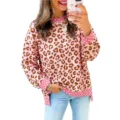 Vrouwen herfst ronde hals luipaard en stippen kleurenblok los sweatshirt casual trui top - S / Tops / Roze