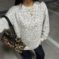 Sweatshirt col rond imprimé léopard femme décontracté manches longues haut ample - S / Gris clair