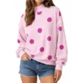 Femmes col montant gros pois manches longues sweat loose pull decontracté rose top mode - S / Hauts / Rose