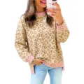 Casual leopard print sweatshirt met contrasterende polkadot boord, comfortabele trui. - S / Tops / Khaki