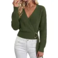 Women Green V-Neck Wrap Knitted Sweater Metal Buckle Casual Autumn Long Sleeve Top - S / Tops / Army Green
