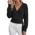 Women's V-neck wrap knit sweater with metal ring decoration, stylish autumn winter long sleeve top. - S / Tops / Black