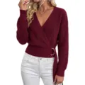 Women's V-Neck Wrap Knitted Sweater Long Sleeve Metal Buckle Stylish Pullover Top - S / Tops / Burgundy