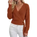 Women V-Neck Wrap Knit Sweater Long Sleeve Metallic Ring Belt Casual Fashion Autumn Tops - S / Tops / Caramel color