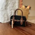 Retro black canvas brown leather handbag women stylish shoulder crossbody boston bag detail view - With Pendant / Black