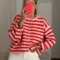 Women Striped Knit Cardigan Fall Long Sleeve Button Down Sweater Casual Outerwear - S / Red