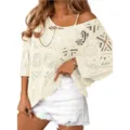 Mujer Verano Cuello V Calado Suelto Manga Tres Cuartos Jersey de Punto Playero Top - S / Blanco Roto