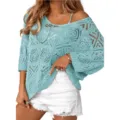 Suéter de punto de playa con cuello en V hueco holgado de manga tres cuartos casual. - S / Azul lago