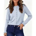 Dames lang mouw gebreid vest effen kleur volants ronde hals casual trui buitenkleding - S / Lichtblauw
