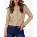 Dames effen gebreid vest truien lange mouw ruffle afwerking casual ronde hals topje. - S / Khaki