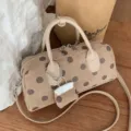 Korean chic polka dot handbag, stylish shoulder crossbody bag for daily commuting style. - Khaki