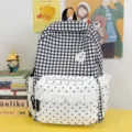 Korean sweet style black and white gingham backpack with polka dots and lace ruffle design. - No Pendant / Black
