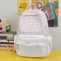 Korean sweet style plaid backpack for teen girls, cute casual school bag with lace ruffles. - No Pendant / Pink