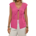 Cardigan de punto calado rosa para mujer manga corta con lazo delantero ropa de playa verano - S / Rosa rojo
