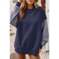 Femme sweat-shirt col rond manches longues décontracté ample carreaux haut principal - S / Hauts / Bleu marine