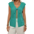 Cárdigan de punto de ganchillo turquesa de manga corta, elegante pareo de playa con lazo. - S / Verde pavo real