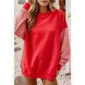 Sweat-shirt rouge pour femme à col rond et élégantes manches longues à carreaux blanc et rouge. - S / Hauts / Rouge
