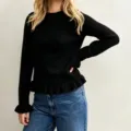 Femme Pull Noir Manches Longues Volants Ourlet Casual Pullover Hiver Mode Automne Top - S / Noir