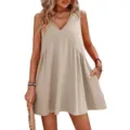 Robe mini ample sans manches à col en V décontractée d'été avec poches pour femmes couleur unie - S / Abricot