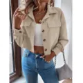 Lässige Cord-Crop-Jacke für Damen, Revers einreihige langärmelige khakifarbene Hemdoberteil - Aprikose