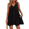 Robe d'été courte ample et décontractée sans manches avec col en V noir pour femme élégante. - S / Noir