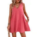 Femme rose uni col V sans manches ample mini-robe tenue de plage d'été décontractée - S / Corail