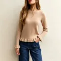 Femme pull en tricot uni col rond manches longues ourlet à volants automne haut chic - S / Kaki