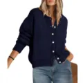 Women's casual loose crew neck long sleeve button down knit cardigan sweater coat solid color - Navy Blue