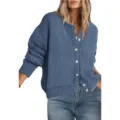 Women's loose crewneck button knit cardigan long sleeve solid color sweater coat main view - S / Haze Blue
