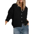 Women's solid color long sleeve button knit cardigan sweater, casual round neck outerwear. - S / Black
