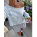 Blauw met witte gestreepte gebreide damestrui met lange mouwen en blote schouders casual - S / Lichtblauw