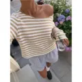 Vrouwen gestreept gebreid truien lange mouw casual off shoulder losse herfst top mode - Khaki